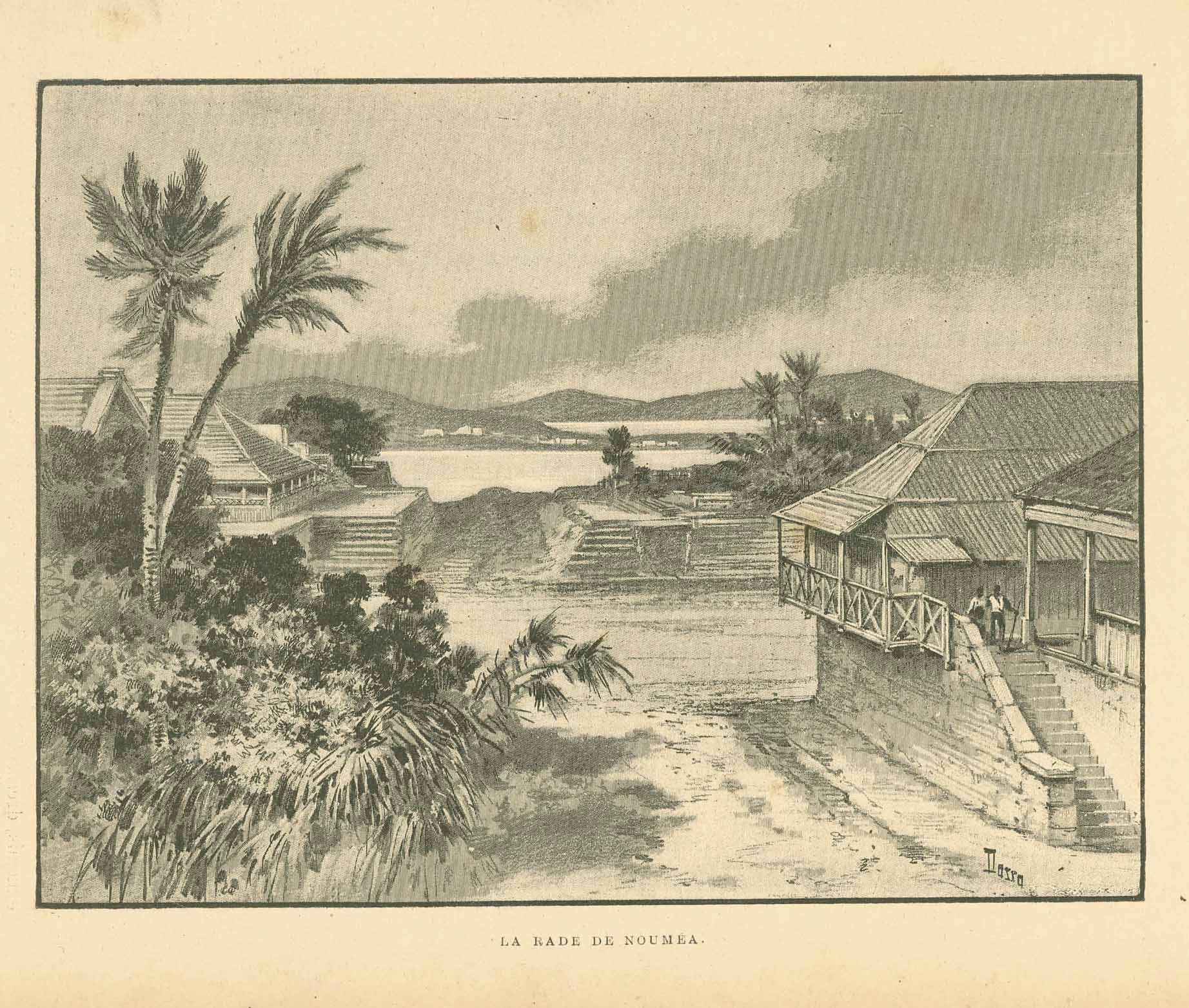 Antique print, "La Rade De Noumea"  Zincograph published ca 1890. On the reverse side is text about Oceania.  Original antique print  