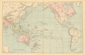 Original antique map, "Pacific Ocean"  South Pacific, Australia, New Zealand, Philippines  For a 30% discount enter MAPS30 at chekout   Very detailed map of the South Pacific with Australia, New Zealand, the Philippines, the Sandwich Islands (Hawaii) and southeastern Chuna. In the upper right corner is a small area of Greenland.. In the lower left is a color key of the colonial rulers in the various regions.. Many of the islans are undelined with red ink.This map was published ca 1890.  Or