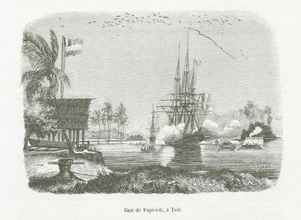 "Baie de Papé-ï-ti, a Taiti"  Tahiti, South Pacific, Papeiti Bay  Wood engraving on a page of text about Tahiti published 1842.  Original antique print  