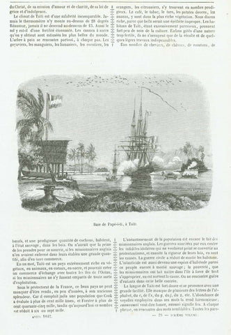 Original antique print  "Baie de Papé-ï-ti, a Taiti"  Tahiti, South Pacific, Papeiti Bay  Wood engraving on a page of text about Tahiti published 1842.  Original antique print  