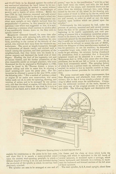 Original antique print , "Hargreaves Spinning Jenny in its most improved form"  2 Separae pages with an article titled "Househld Spinning Wheels and the First Spinning Machine." Published 1836.  Original antique print  