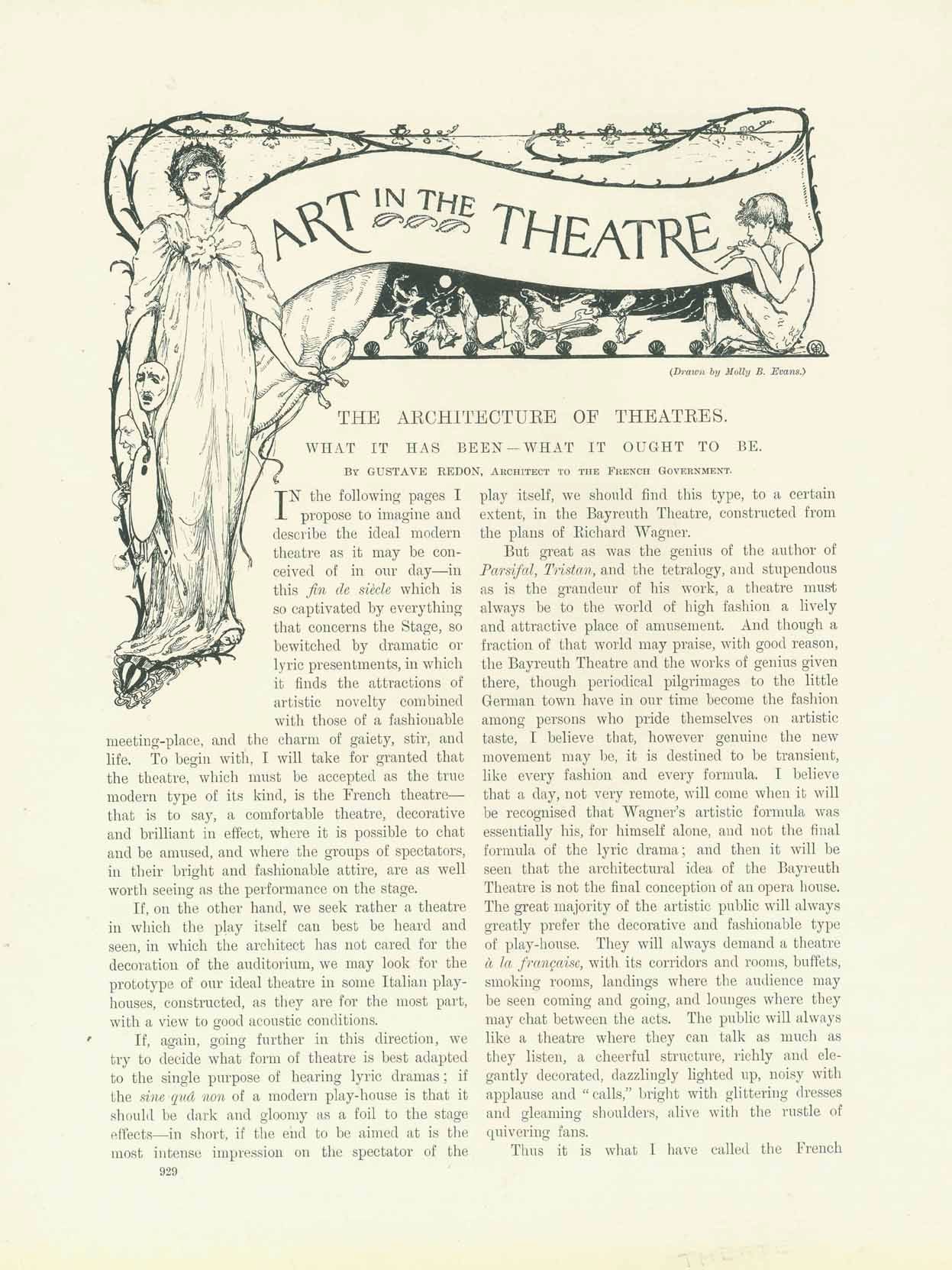 Original antique print  Plan of the Plan of the Gallo-Roman Theater, Orange."  Very interesting article titled "The Architecture of Theaters. What It Has Been and What it Ought To Be." by Gustave Redon. Published ca 1905.  Original antique print  