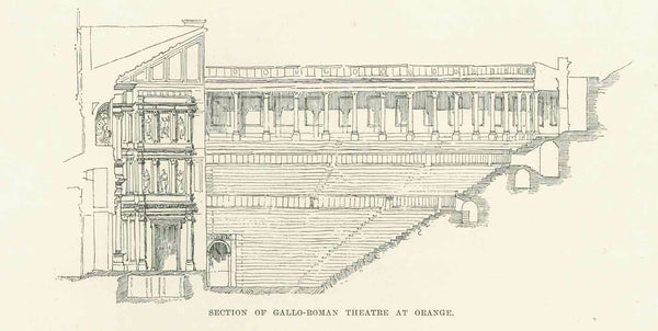 Original antique print  Plan of the Plan of the Gallo-Roman Theater, Orange."  Very interesting article titled "The Architecture of Theaters. What It Has Been and What it Ought To Be." by Gustave Redon. Published ca 1905.  Original antique print  