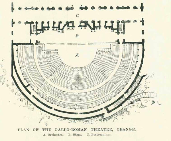 Original antique print  Plan of the Plan of the Gallo-Roman Theater, Orange."  Very interesting article titled "The Architecture of Theaters. What It Has Been and What it Ought To Be." by Gustave Redon. Published ca 1905.  Original antique print  