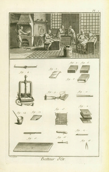 "Batteur d'Or" Gold-beater, Jewellers, Jewellery

Explanatory text plus pages 1 and 2 (complete) with workshop and technical instruments for executing this craft

Text plus 2 copper etchings from" Encyclopedie" von Denis Diderot (1713-1784) und Jean-Baptiste le Rond d'Alembert (1717-1783)

Paris, 1751-1780

Original antique print