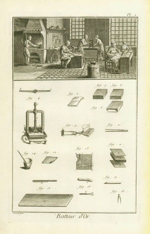 "Batteur d'Or" Gold-beater, Jewellers, Jewellery

Explanatory text plus pages 1 and 2 (complete) with workshop and technical instruments for executing this craft

Text plus 2 copper etchings from" Encyclopedie" von Denis Diderot (1713-1784) und Jean-Baptiste le Rond d'Alembert (1717-1783)

Paris, 1751-1780

Original antique print