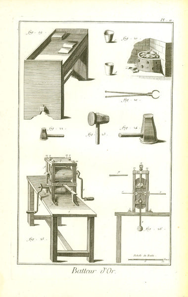 "Batteur d'Or" Gold-beater, Jewellers, Jewellery

Explanatory text plus pages 1 and 2 (complete) with workshop and technical instruments for executing this craft

Text plus 2 copper etchings from" Encyclopedie" von Denis Diderot (1713-1784) und Jean-Baptiste le Rond d'Alembert (1717-1783)

Paris, 1751-1780

Original antique print