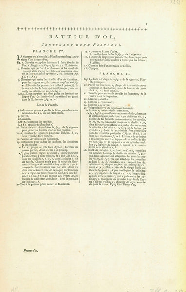 "Batteur d'Or" Gold-beater, Jewellers, Jewellery

Explanatory text plus pages 1 and 2 (complete) with workshop and technical instruments for executing this craft

Text plus 2 copper etchings from" Encyclopedie" von Denis Diderot (1713-1784) und Jean-Baptiste le Rond d'Alembert (1717-1783)

Paris, 1751-1780

Original antique print