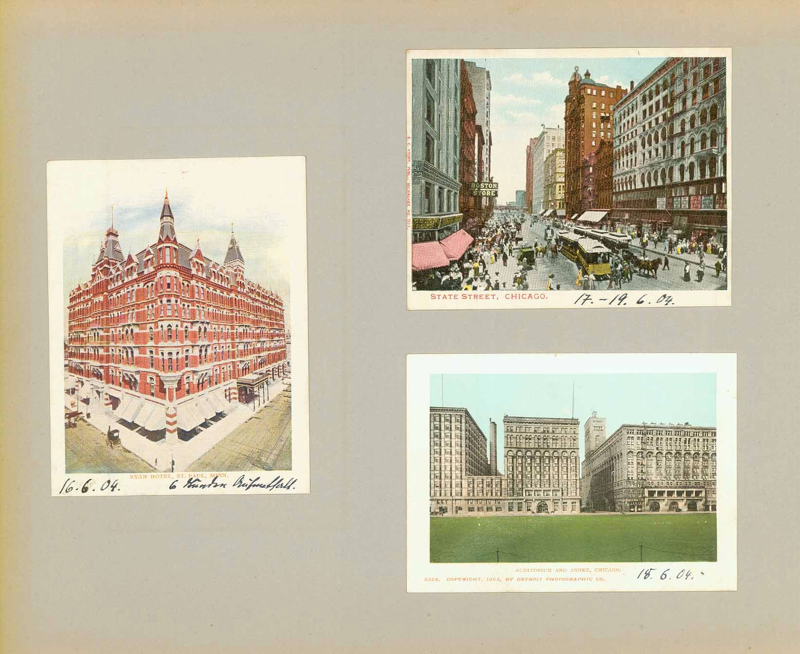 &nbsp;  Indigenous People, USA, Illinois, Minnesota, Chicago, St. Paul, Ryan Hotel, Native Americans  Three postcards from 1904 mounted on very heavy paper.  Left: "Ryan Hotel, St. Paul, Minn." Upper right: "State Street, Chicago" Lower right: "Audutorium and Annex, Chicago"