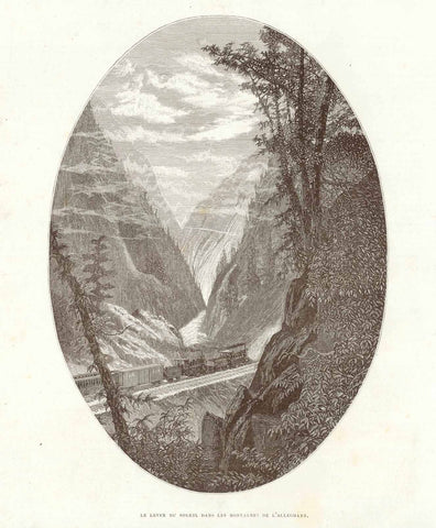 Original antique print  USA; "Le Lever Du Soleil Dans Les Montagnes De L'Alleghany" (Rising Sun in the Alleghany Mountains)  Wood engraving published 1878. On the reverse side is unrelated text. Small ink spot from original printing in right margin.