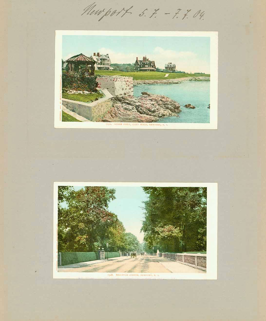 &nbsp;USA, Rhode Island  Upper Postcard: "Ochre Point, Cliff Walk, Newport R. I."  Lower Postcard: "Bellevue Avenue, Newport, R. I."  Two postcards mounted on heavy paper from a scrapbook made in 1904.  Original antique print&nbsp;