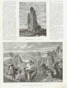 Original antique print  Upper image: "Montagnes Rocheuses. - La Cathedrale." (Rocky Mountains. The Cathedral.) Lower image: "Montagns Rocheuses. - Le Jardin Des Dieux" ( Rocky Mountains. The Garden of the Gods)  Wood engravings published 1878. 
