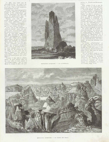 Original antique print  Upper image: "Montagnes Rocheuses. - La Cathedrale." (Rocky Mountains. The Cathedral.) Lower image: "Montagns Rocheuses. - Le Jardin Des Dieux" ( Rocky Mountains. The Garden of the Gods)  Wood engravings published 1878. 
