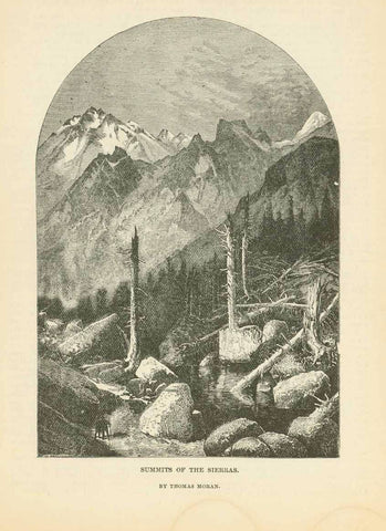 Original antique print  Landscapes, Pacific Mountains, Sierras, Thomas Moran, Flumes"Summits of the Sierras"  Wood engraving made after a painting by Thomas Moran ca 1880. On the reverse side is interesting text about flumes.