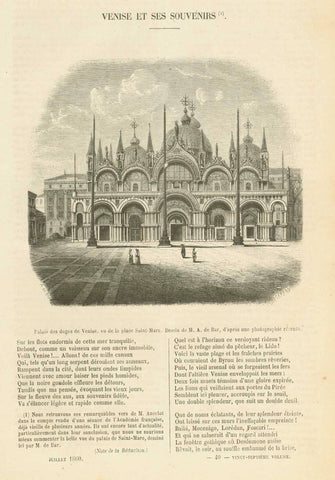 "Venise Et Ses Souvenirs" Palais des doges de Venise, Vue de la place Saint Marc"  Wood engraving dated 1860.  Original antique print 