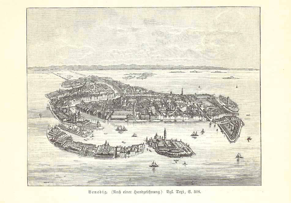 "Venedig"  Venice  Wood engraving made after a hand sketch and published 1906.  Original antique print