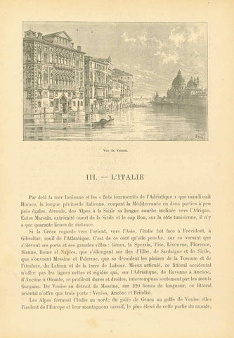 "Vue de Venise"

Zincograph published ca 1890. Below the image and on the reverse side is text about Italy.

Original antique print