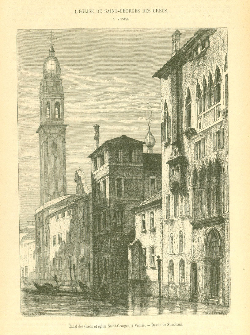 Original antique print  of "L'Eglise De Saint-Georges Des Greds a Venise"

"Canal des Grecs et eglise Saint-Georges, a Venise"

Wood engraving after Strobant. Published 1874.
