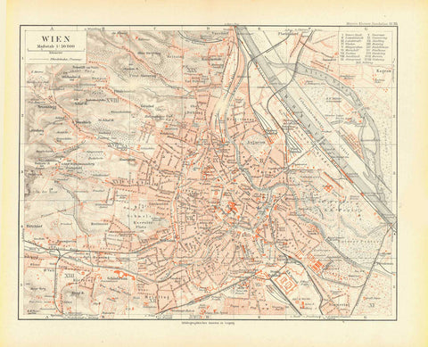Original antique map "Wien"  Detailed map of Vienna published 1892 in Leipzig. On a separate page is a name register of about 400 places on the map with the lcation coordinates.