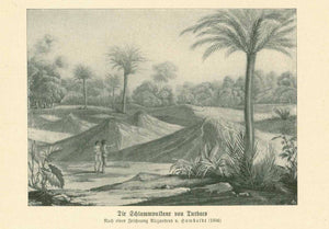 Original antique print , Volcanos, Columbia, Turbaco, "Die Schlammvulkane von Turbaco"  Wood engraving made after a drawing by Alexander von Humbolt. Published ca 1900. 