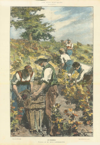 "Les Vendages"  Grape Picking Season, Wine  Wood engraving by Clement Bellenger after Leon Lehrmitte. Attractive hand coloring. Printed ca 1880.  Original antique print  