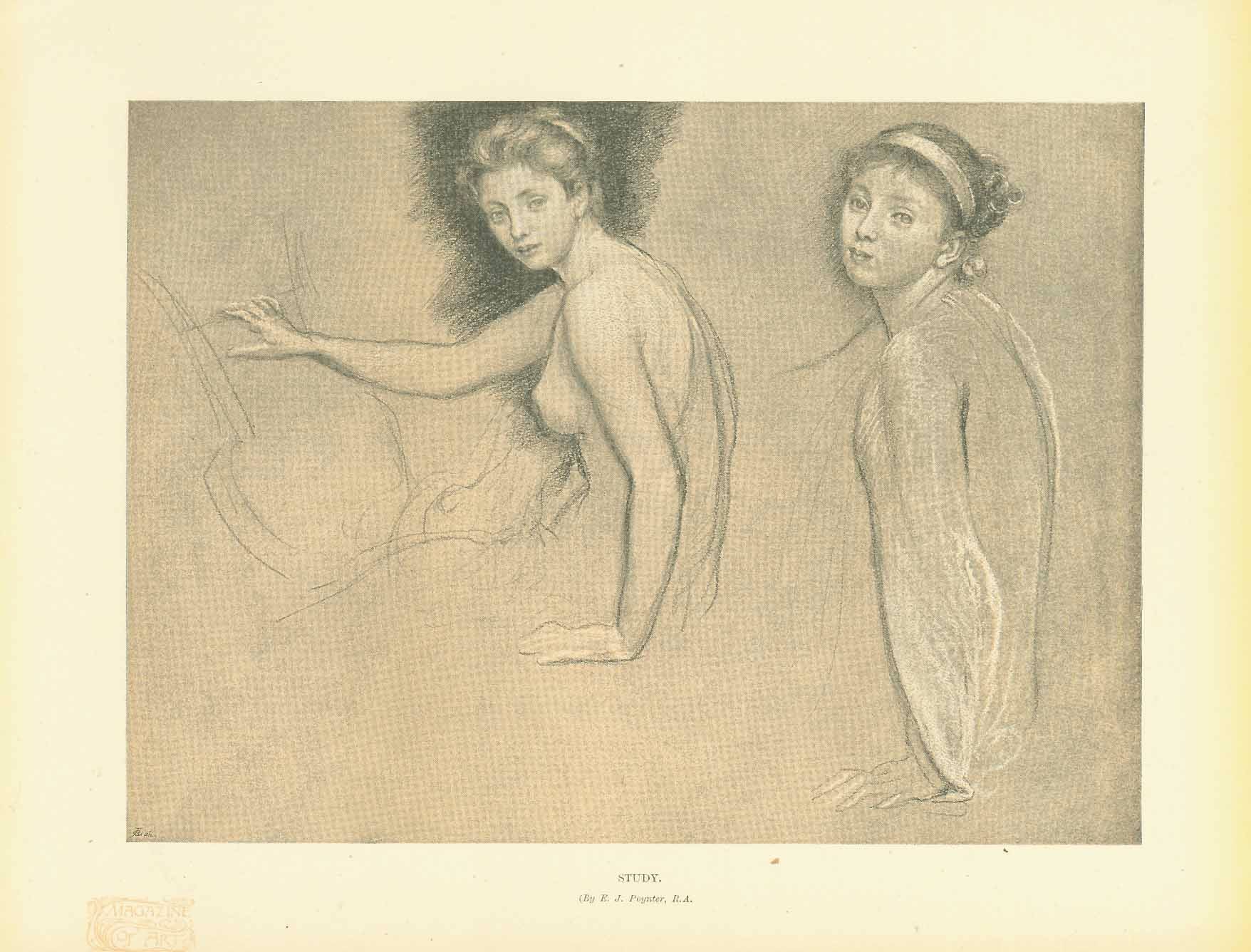 "Study"
(by E. J. Poynter, R. A. )"

Fine study of two women done in light sepia published as chromolithograph ca 1905.
