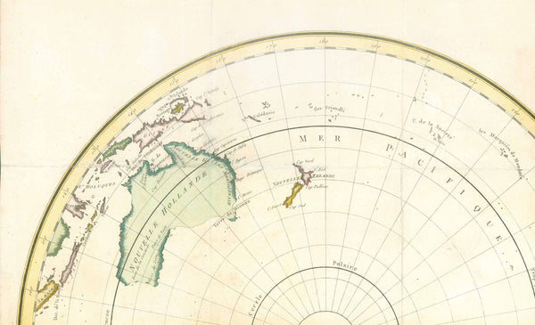 "Carte Magnétique des deux Hemisphères". Copper etching ca 1780. Modern hand coloring.

For a 30% discount enter MAPS30 at chekout&nbsp;

This map shows the two polar regions and bordering countries. Notice that the polar regions were still somewhat unknown. The are many small crosses in the oceans for missed ships or shipwrecks.