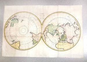 "Carte Magnétique des deux Hemisphères". Copper etching ca 1780. Modern hand coloring.

For a 30% discount enter MAPS30 at chekout&nbsp;

This map shows the two polar regions and bordering countries. Notice that the polar regions were still somewhat unknown. The are many small crosses in the oceans for missed ships or shipwrecks.