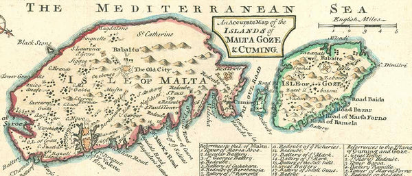 Original antique map, From "A Complete System of Geography published in London ca 1750.  Original hand coloring of the borders.  8 maps. "An accurate map of the islands of Malta Goze &amp; Cuming"; "An accurate chart of Cape de Verd Islands, being an improvement of Capt. Roberts's draught" ; "A correct map of the island of St. Hellena, belonging to the English East India Company" ; Island of Madera ; "A draught of Table Bay" ; "A plan of the Dutch fort at the Cape of Good Hope" ; "The Bay of Agoa de Saldanh