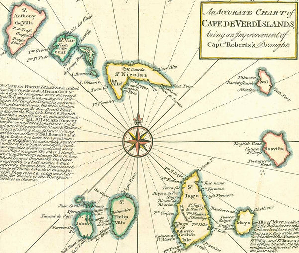 Original antique map, From "A Complete System of Geography published in London ca 1750.  Original hand coloring of the borders.  8 maps. "An accurate map of the islands of Malta Goze &amp; Cuming"; "An accurate chart of Cape de Verd Islands, being an improvement of Capt. Roberts's draught" ; "A correct map of the island of St. Hellena, belonging to the English East India Company" ; Island of Madera ; "A draught of Table Bay" ; "A plan of the Dutch fort at the Cape of Good Hope" ; "The Bay of Agoa de Saldanh