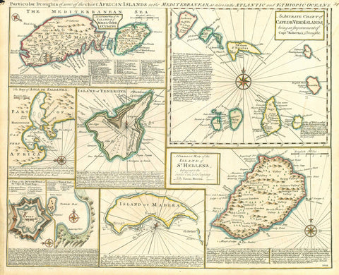 Original antique map, From "A Complete System of Geography published in London ca 1750.  Original hand coloring of the borders.  8 maps. "An accurate map of the islands of Malta Goze &amp; Cuming"; "An accurate chart of Cape de Verd Islands, being an improvement of Capt. Roberts's draught" ; "A correct map of the island of St. Hellena, belonging to the English East India Company" ; Island of Madera ; "A draught of Table Bay" ; "A plan of the Dutch fort at the Cape of Good Hope" ; "The Bay of Agoa de Saldanh