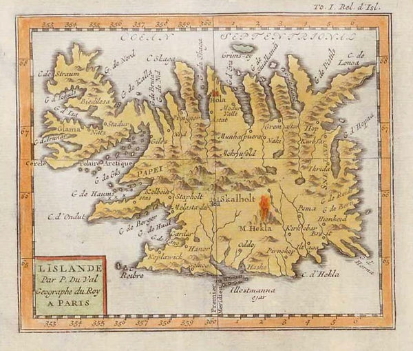 "L'Islande"  Copper engraving map by Pierre Duval. Published ca 1690. in Paris.  This uncommon map has pleasant hand coloring.  Near the center of the map are flames of the volcano Mt. Hekla.  Original antique print , interior design, wall decoration, ideas, idea, gift ideas, present, vintage, charming, special, decoration, home interior, living room design