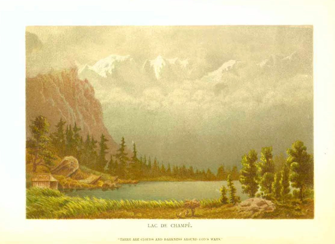 "Lac de Champé"  Chromolithograph after a painting by Baroness Helga von Cramm (1840-1919). Published 1879. Below is a poetic verse.  Original antique print , interior design, wall decoration, ideas, idea, gift ideas, present, vintage, charming, special, decoration, home interior, living room design