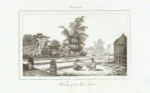 Antique print of the Philippines, "Philipinnen" "Wohnung aud der Insel Lucon" (home on the island of Luzon)  Steel engraving ca 1845, Two tiny binding holes above the word "Philipinnen"  Original antique print  