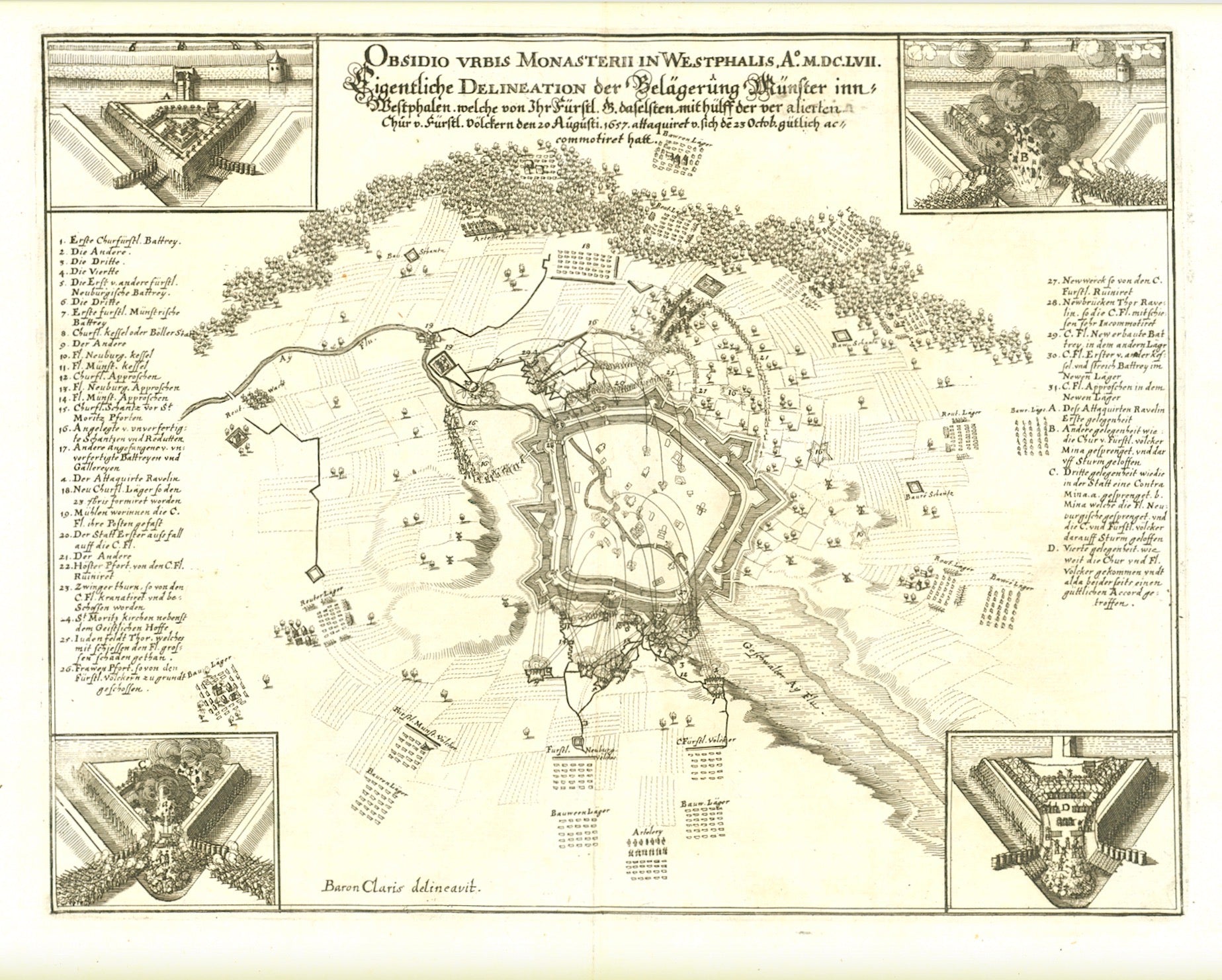 Antique Map, antike Karte, Münster, Westfalen. - "Obsidio Uris Monasterii in Westphalis N0. MDCLVII. Eigentliche  Delineation der Belägerung Münster inn Westphalen welche von Ihr. Fürtstl. Gn. daselsten mit hülff  der ver alierten Chur v. Fürtsl. Völckern den 20 Augusti 1657 attaquiret v. sich den 23 Octob. gütlich accomotiret hatt."  Muenster, Westphalen, Monasterii, Giebelhaeusern, Merian  Die Belagerung der Stadt Münster im August 1657 durch die Truppen des Fürstbischof Christoph von Galen 