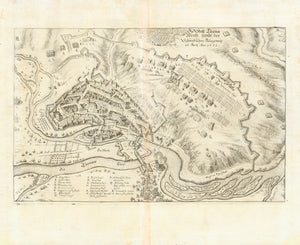 "Die Statt Thona Werth sambt der Schwedischen Belagerung 16 Marty Anno 1632"  Donauwoerth, LK Donau-Ries, Woernitz, Riesalb, Schellenberg, Felsheim, Zusam  This copper engraving shows the formations and position of the Swedes In the lower left is a legend cartouch describing the Swedish infantry.  (after a drawing by Carl Heinrich von Osten)  For a 30% discount enter MAPS30 at chekout 