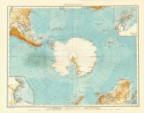 "Suedpolargebiete"  South Pole, Antarctica, Antarkis, Victoria Land, Graham Land, Suedpol  Lithographed map by Simon and G. Kirchner 1899. In the upper right is an inset showing Graham Land and the South Shetland Islands. In the lower left is a detailed inset of Victoria Land. This map is interesting because it shows the floating ice ( Treibeis) all around Antarctis. Lines show the regions of the floating ice in winter and summer.