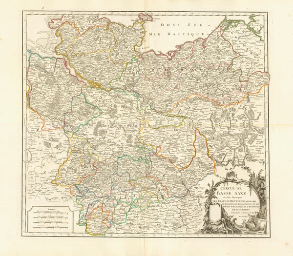 "Cercle de Basse Saxe ou sont distingues les Etats de Brunswich, Les Duches de Holstein, de Mecklenbug..."  Niedersachsen, Lower Saxony, Basse Saxe, Braunschweig, Holstein, Mecklenburg  Copper engraving map by Robert Gilles de Vaugondy (1688-1766).  Published in Paris 1752. Original hand-utline coloring.  Original antique print    For a 30% discount enter MAPS30 at chekout 