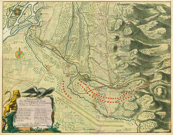 "Partie Occiendentalis Du Marquisat de Bade située Entree le Rhyn Stolhoffen Oberbul et le Montagnes de Swartewalt"  Hand-colored copper etching by Pierre Husson.  This map was published as a single sheet map, not bound in an atlas.  Title and explanatory cartouche is held by a lion and an eagle. The lion is the Royal Dutch Lion, the Eagle  Den Haag, The Netherlands, 1703  For a 30% discount enter MAPS30 at chekout 