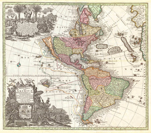 Novus Orbis sive America Meridionalis et Septentrionalis per sua Regna, South America  Copper etching. Very pleasant original hand coloring.  Published in "Atlas Novus" by Matthaeus Sautter (1678-1757)  Augsburg, ca. 1730  For a 30% discount enter MAPS30 at chekout   Very attractive map of North and South America with decorative Baroque title cartouche.  Shows Discovery voyages in the Pacific Ocean by name of explorers and dates.