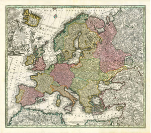 "Europa Religionis Christianae Morum et Pacis ac Belliartium Culto Omnium Terrarum Orbis  Partium Praestantiss. Iuxta Recentissima Exemplaria Acuratissime expusa et edita"  For a 30% discount enter MAPS30 at chekout  Copper etching. Very pleasant original hand coloring.  Published in "Atlas Novus" by Matthaeus Sautter (1678-1757)  Augsburg, ca. 1730  Original antique print  