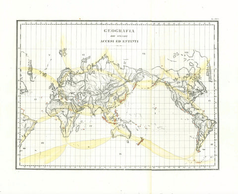 "Geografia dei vulcani accesi ed estinti"  World geography of dead and active volcanos  For a 30% discount enter MAPS30 at chekout   Lithograph with original hand coloring (only yellow marking the volcanic areas on earth)  Published in "Atlante di Geografie Universale" (Atlas of Universal Geography)  By Francesco Constantino Marmocchi (1805-1858)  Published in Florence, Firenze, Florenz, 1840  Original antique print  