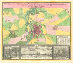 "Darstellung des Grundrisses und Prospectes der Koenigl. Preussisch Magdeburgischen und des Saal-Crayes Haupt Stadt Halle"  Fine copper engraving by Johan Babtiste Homann. Published in Nuremberg ca 1720. Original hand coloring.  A detailed city plan of Halle. In the lower left are historical images of the salt mining and processing near Halle. In the center is a city view with names of the most important churches, castles, monuments and public buildings. In the lower right is the large auditorium for Halle 