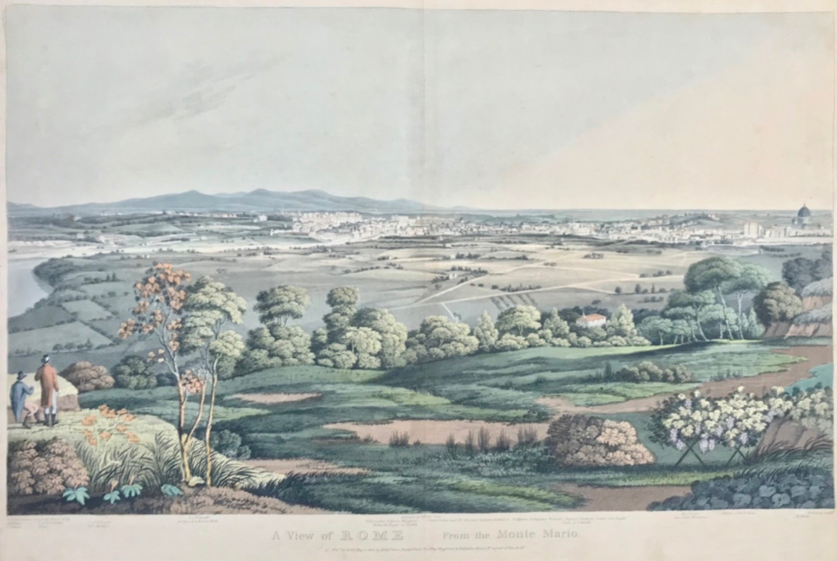 "A View of Rome From the Monte Mario"  Aquatinta by Matthew Dubourg (1786-1838)  After the drawing by J. J. Middleton  Published in: "Grecian Remains in Italy, a description of Cyclopean Walls , and of Roman Antiquities with Topographical and Picturesque Views of Ancient Latium"  By Edward Orme  London, 1812  One of altogether 4 originally hand-colored views  The "Eternal City" - Rome - in the distance, seen from Monte Mario, located in the N.W. of Rome.