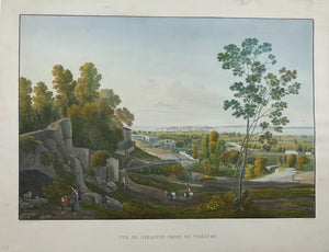 Exquisite print of Syracuse  From "Voyage pittoresque en Sicilie", published by E. G. de la Salle in Paris from 1822-1826.  Three absolutely splendid views from a series of 23 different aquatints of Sicily. These originally watercolored views of important archeologigal sites and their 19th century surroundings have a quality of the highest standard.