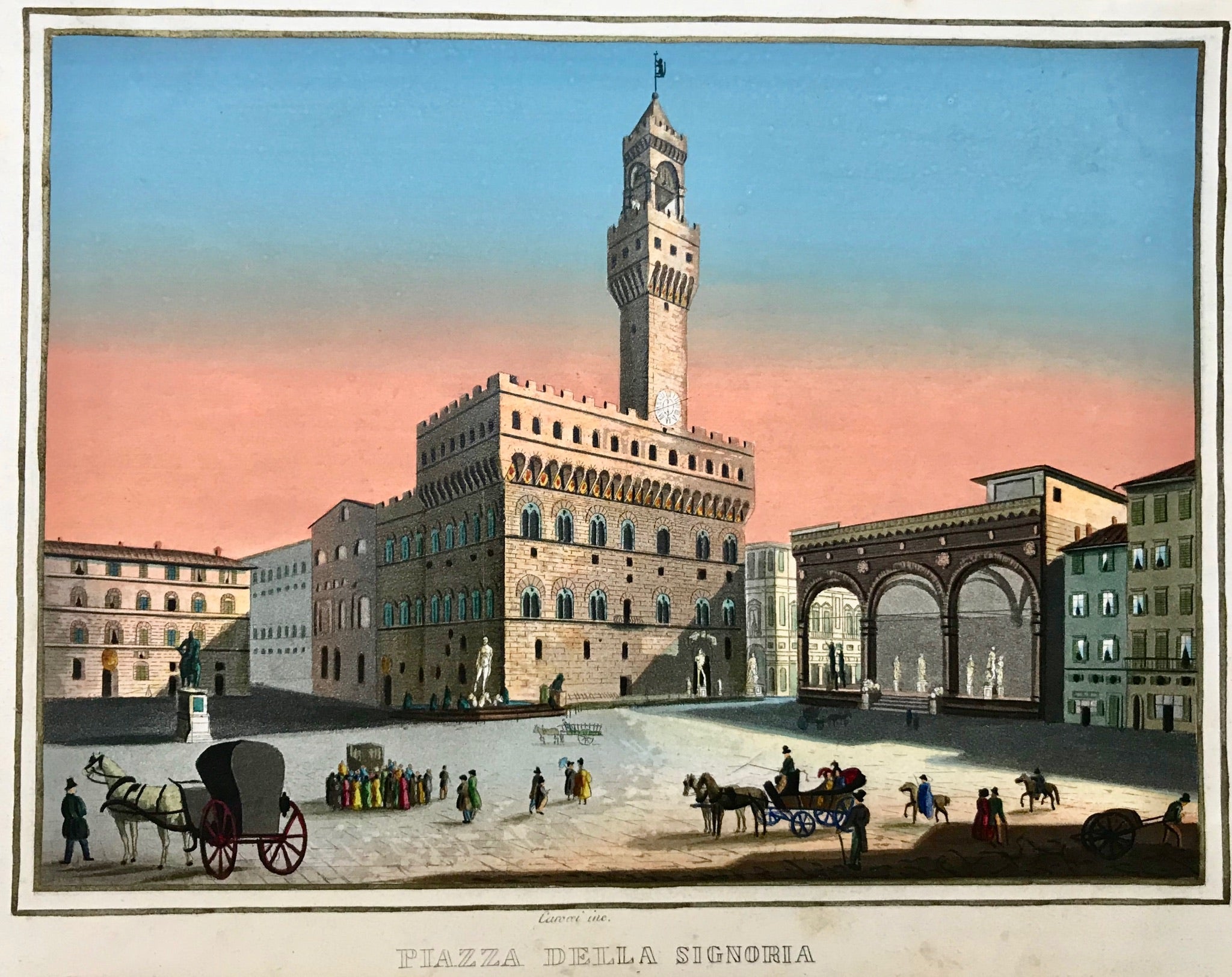 "Piazza della Signorina".  Aquatinta by Guido Carrocci. Superb gouache hand coloring. Ca. 1810. From a series of 31 views by Carrocci.
