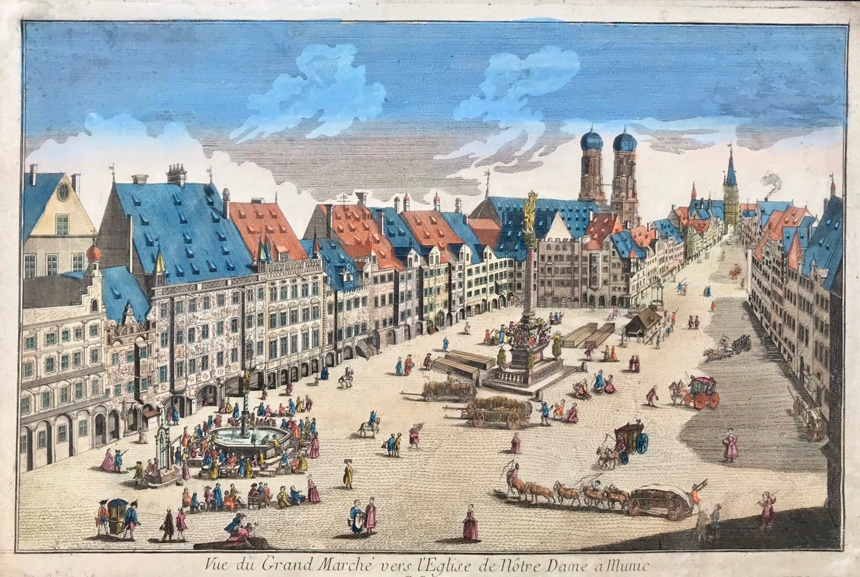 Munich Marienplatz (St. Mary's Plaza)  Vue d'optique, perspective view. Copper etching. Original hand coloring. Published by Mondhare, Paris. Ca. 1760. Title only in French  Shows the main plaza of Munich as splendid as it once was and Notre Dame church as it is still in present time with a lively staffage.