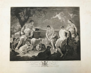 "The Judgment of Paris"  At the Drawing Room at Houghton. Published Augt 3, 1778 by John Boydell Engraver in Cheapside London"  Mezzotint (in German: Schabkunst) by Richard Earlom (1743 - 1822)   After the painting by Luca Giordano (1632 - 1705). Painting in Berliner Museum.  Print has the typical velvety appearance, which is characteristic for mezzotints. It has wide margins with some stains and minor creasing. These traces of age and use do not pertain to the image itself, however.
