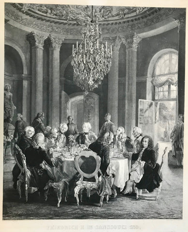 Sanssouci, Host is King Friedrich II. (facing center and turning to his most distinguished guest: Voltaire,Count Algarotti. Between Friedrich and Voltaire: General Christoph Ludwig von Stille. On the far left: Lord Marshall George Keith. On the King's right: Jean-Baptiste de Boyer Marquis d'Argens. Count Francesco Algarotti, Field Marshall James Keith, Count Friedrich von Rothenburg and Julien Offray de La Mettrie. 
