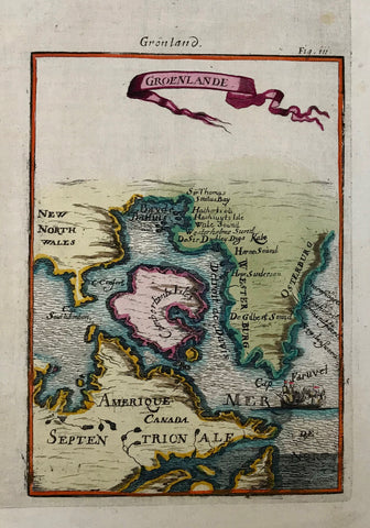 Groenlande  Copper etching after Mallet, 1685. Modern hand coloring. Brown spot on upper right margin edge.  This interesting map shows the southern part of Greenland as well as northeast Canada.